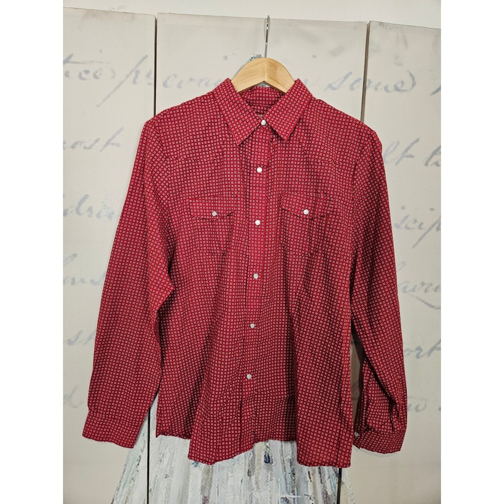 Roper Western Button Down Shirt Large Red Geometric Pearl Snap Style Cowboy Mens